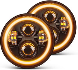 NINTE 7 inch Round LED Headlight Hi/Lo Beam H6024 Projector DOT Approved, White/Amber Halo DRL/Turn Signal Compatible with Wrangler JK TJ CJ LJ/Miata MX5/ Century/MG MGB - NINTE