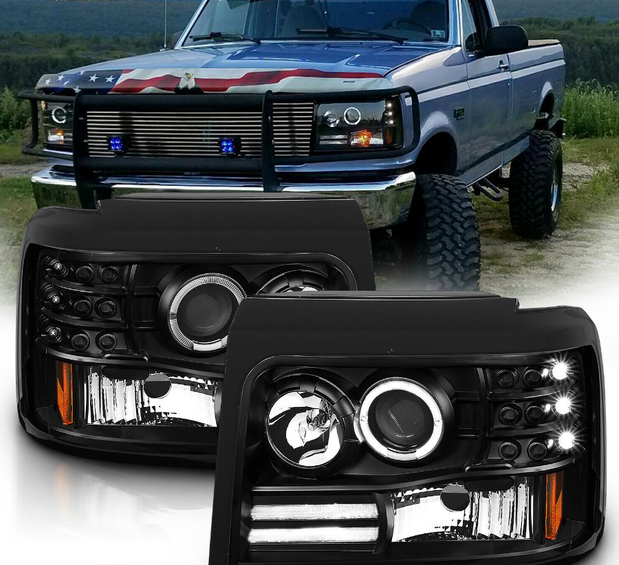 NINTE 1992-1996 Ford Bronco/F150/F250/F350 Projector Black Headlight [LED Halo] - NINTE
