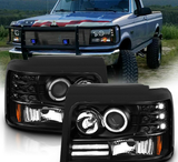 NINTE 1992-1996 Ford Bronco/F150/F250/F350 Projector Black Headlight [LED Halo]