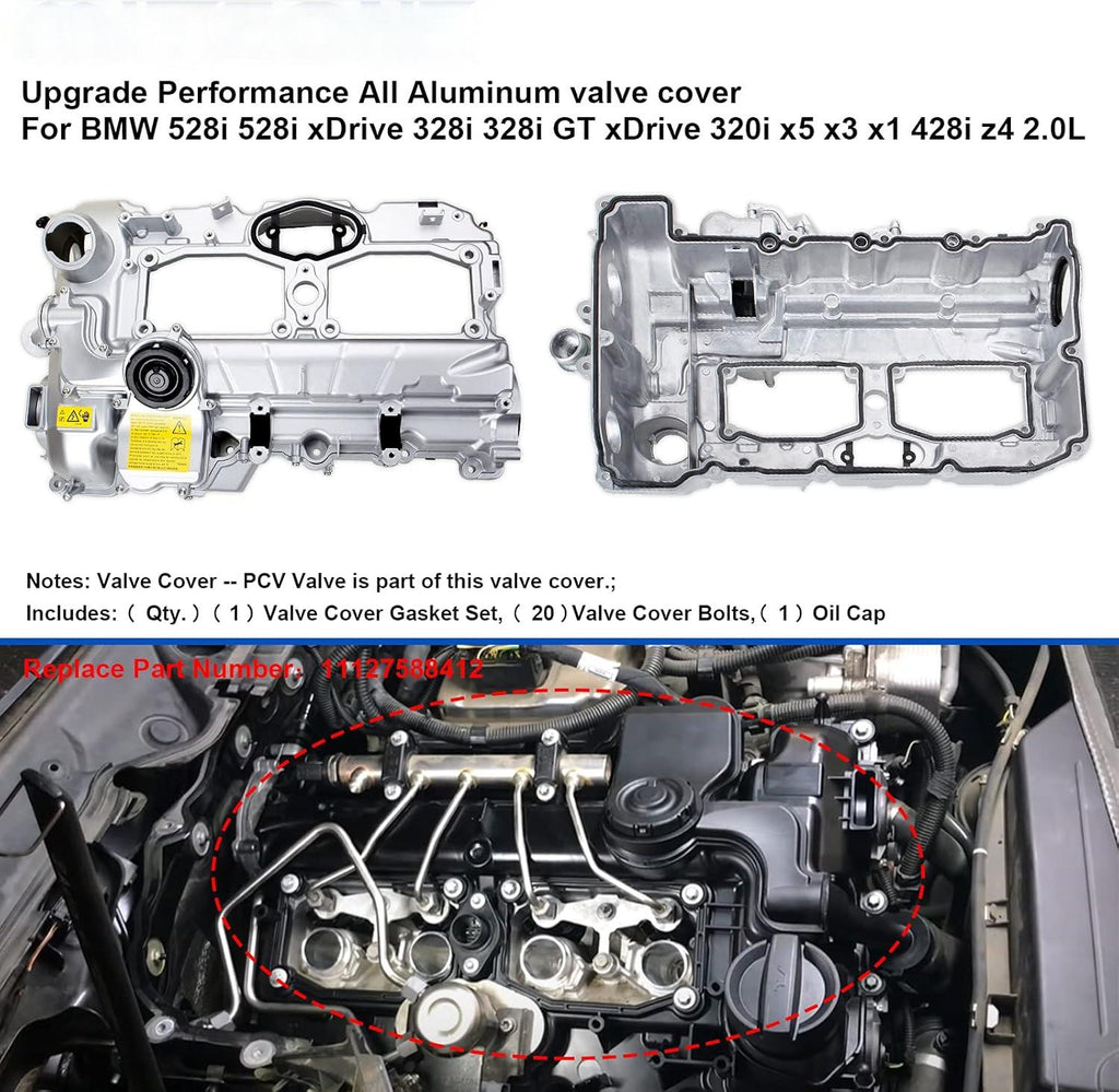 NINTE Upgrade Aluminum Valve Cover Kit for 2012-2018 BMW N20 320i 328i 528i X3 X5 X1 Z4 2.0L L4 Replace 11127588412