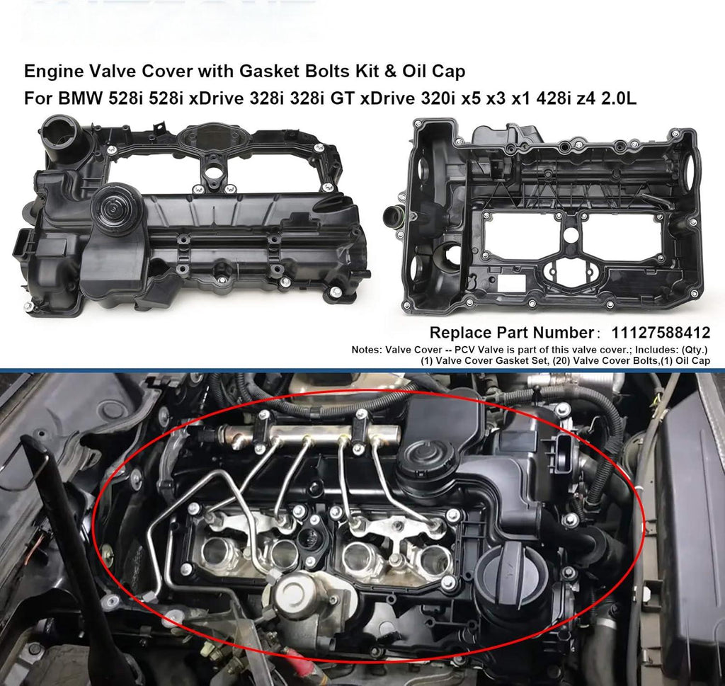 NINTE N20 Engine Valve Cover with Gasket Bolts Kit Oil Cap for BMW 2012-2018 528i 528i xDrive 328i 328i GT xDrive 320i x5 x3 X1 428i z4 2.0L Replace 11127588412