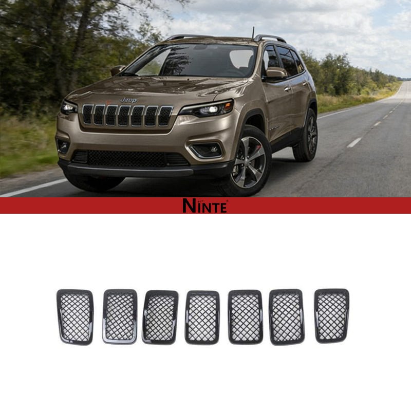 NINTE Front Mesh Grill For 2019 - 2021 Jeep Cherokee 7 PCS ABS Cover - Painted Gloss Black Grille - NINTE