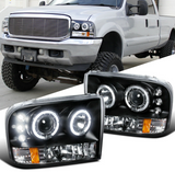 For 99-04 F250 F350 F450 Super Duty Black LED Halo Projector Headlights Lamps