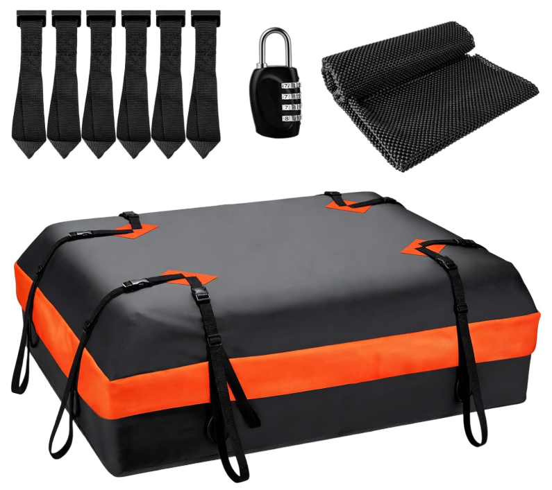 NINTE Universal Rooftop Cargo Bag fit for All Sedans SUVs 15 Cubic Feet Waterproof Heavy Duty Roof Top Carrier Black Orange Without Logo