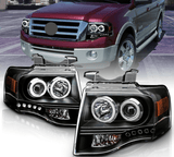NINTE Headlight For Ford Expedition 2007-2014 Dual Halo LED Black Projector Head Lamp Pair