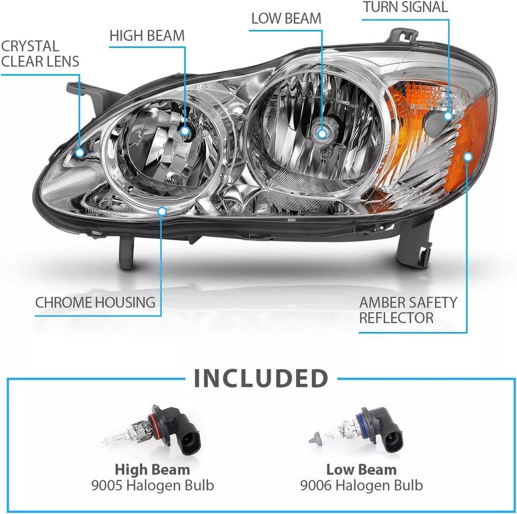 NINTE For 2003-2008 Toyota Corolla Chrome Headlights Replacement