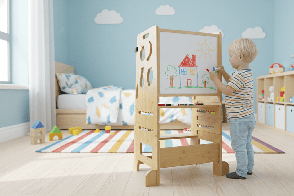 NINTE | 3 - in - 1 Kids Learning Tower with Chalkboard - Safe Kitchen Helper Step Stool - NINTE