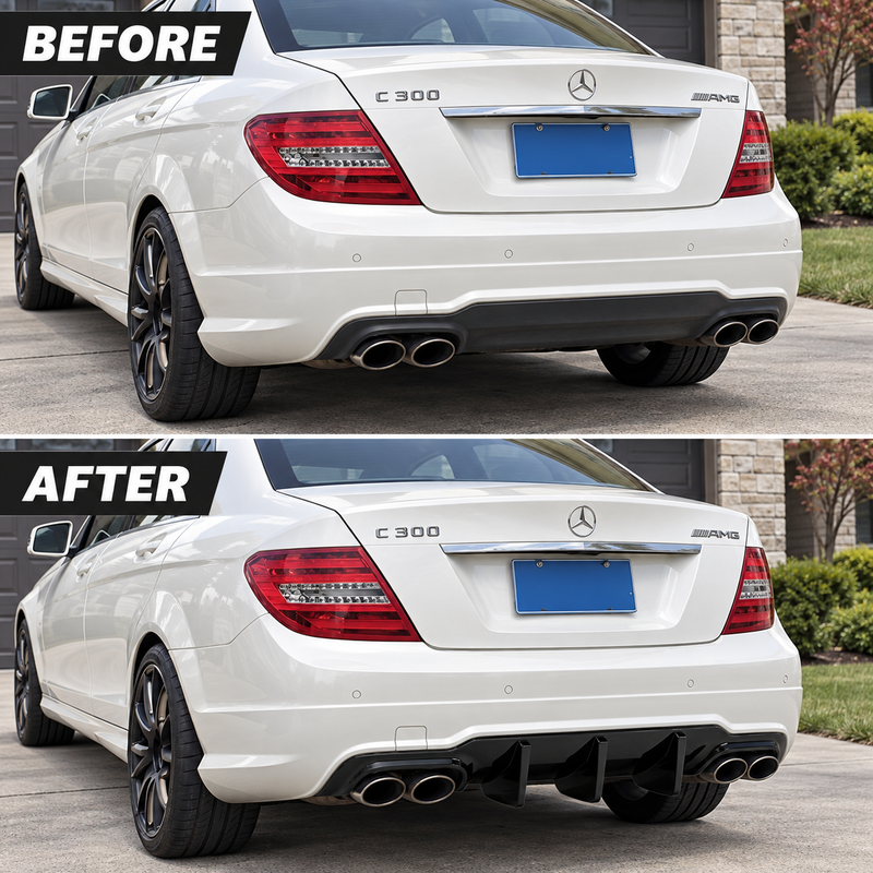 NINTE Rear Bumper Diffuser Fit for Mercedes-Benz W204 C250 C300 C350 C63 AMG 2012-2014 Painted Gloss Black One Piece Big Shark Fin Sport Style