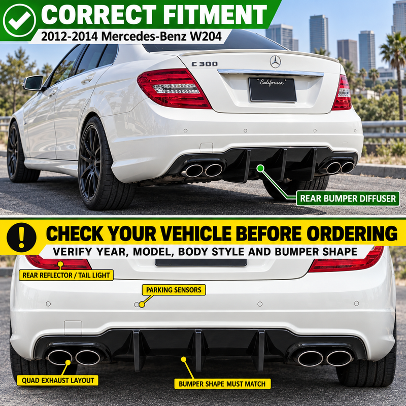 NINTE Rear Bumper Diffuser Fit for Mercedes-Benz W204 C250 C300 C350 C63 AMG 2012-2014 Painted Gloss Black One Piece Big Shark Fin Sport Style