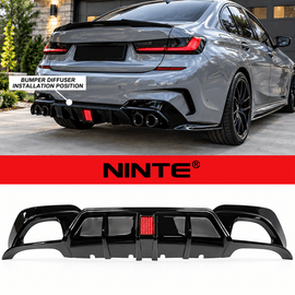 NINTE Rear Bumper Diffuser Splitter Fit for 2019-2022 BMW 3 Series G20 G21 G28 M Sport Painted Gloss Black One Piece Sport Style with Red LED Brake Light - NINTE