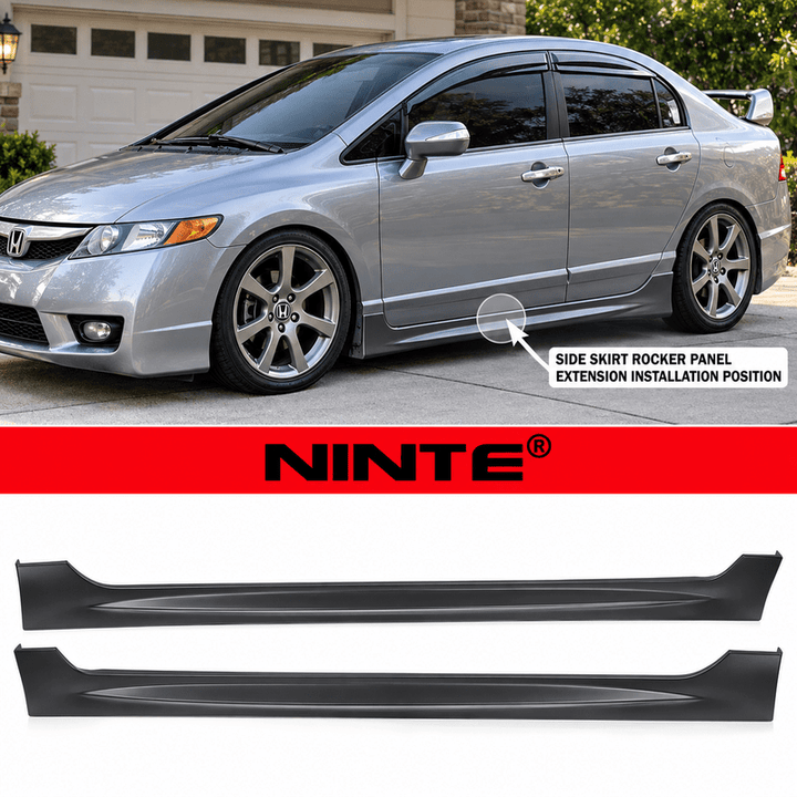 NINTE Left and Right Rocker Side Skirt Kit Fit for Honda Civic Sedan 4DR 2006-2011 Black ABS Plastic RR Style - NINTE