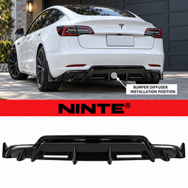 NINTE Rear Bumper Diffuser Splitter Kit Fit for Tesla Model 3 2017-2023 Painted Gloss Black ABS Plastic GT V2 Shark Fin Sport Style Without Logo - NINTE