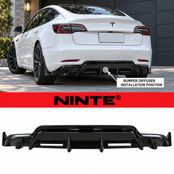 NINTE Rear Bumper Diffuser Splitter Kit Fit for Tesla Model 3 2017-2023 Painted Gloss Black ABS Plastic GT V2 Shark Fin Sport Style Without Logo