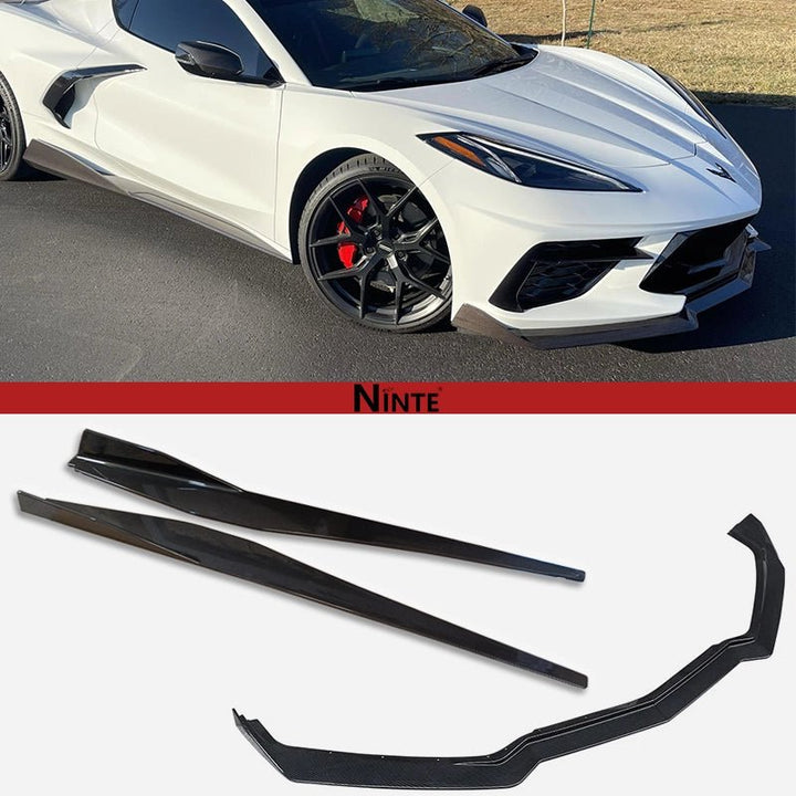 NINTE For 2020 - 2024 Chevy Corvette C8 Front Lip Side Skirts Gloss Black Bottom Line Style Lips - NINTE