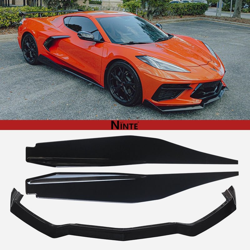 NINTE For 2020 - 2024 Chevy Corvette C8 Front Lip Side Skirts Gloss Black Bottom Line Style Lips - NINTE