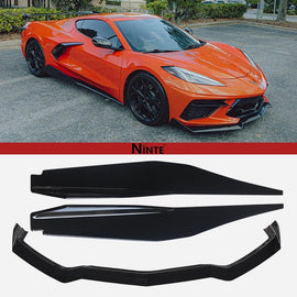 NINTE For 2020 - 2024 Chevy Corvette C8 Front Lip Side Skirts Gloss Black Bottom Line Style Lips - NINTE