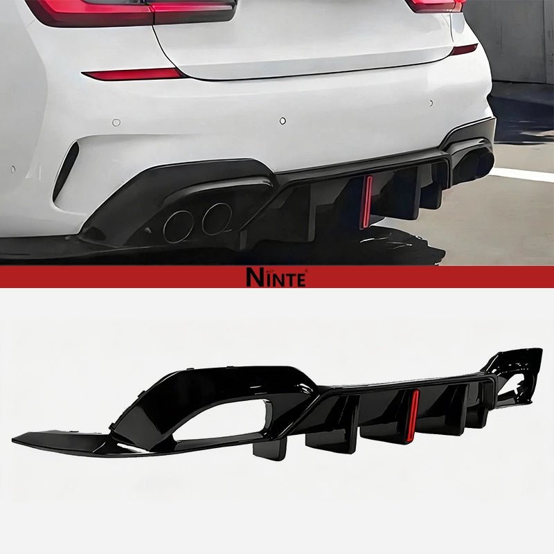 NINTE For 2019 - 2022 BMW G20 G28 3 Series M Sport Rear Diffuser W/LED Light NINTE Style Gloss Black - NINTE