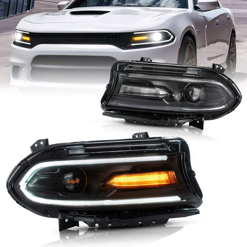 NINTE for 2015-2023 Dodge Charger Headlight Pair Fits SRT RT GT Hellcat Widebody All Model Halogen Black Housing  Projector Head Light