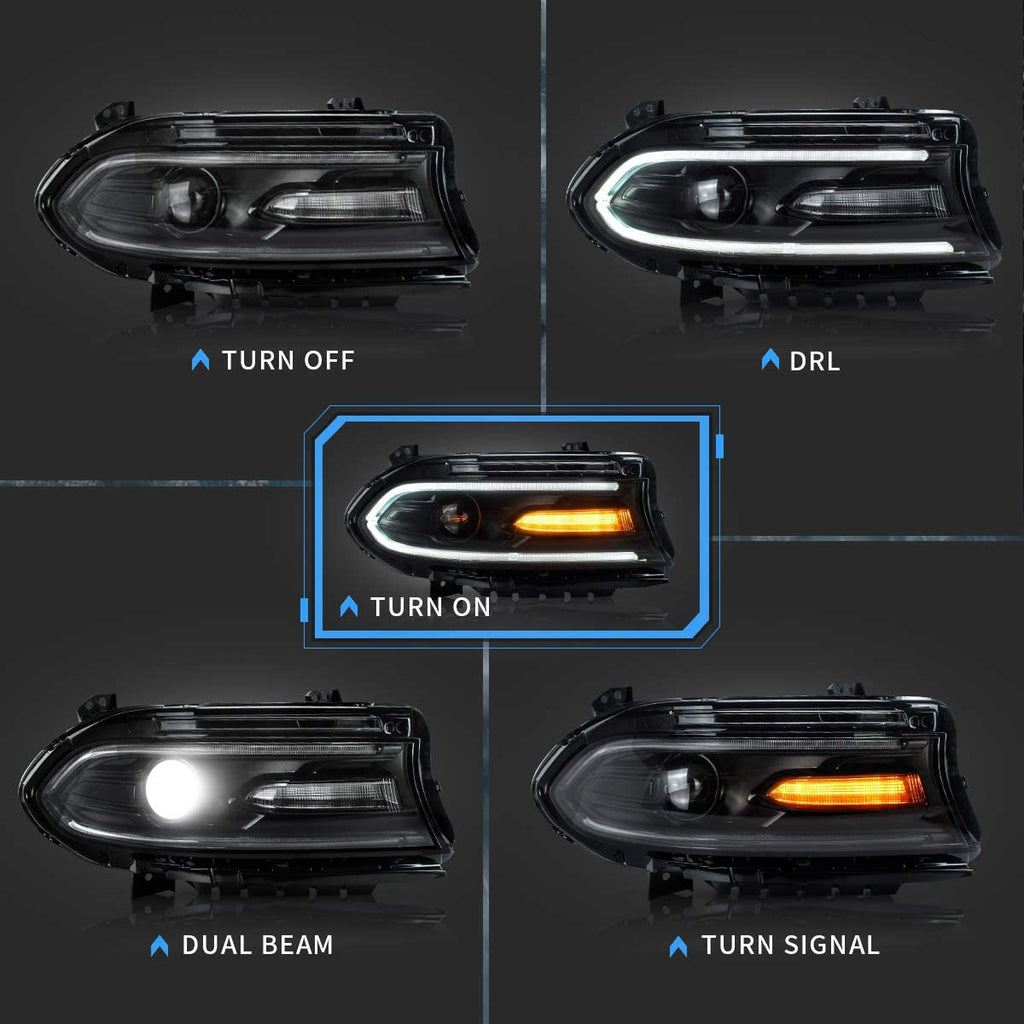 NINTE for 2015-2023 Dodge Charger Headlight Pair Fits SRT RT GT Hellcat Widebody All Model Halogen Black Housing  Projector Head Light