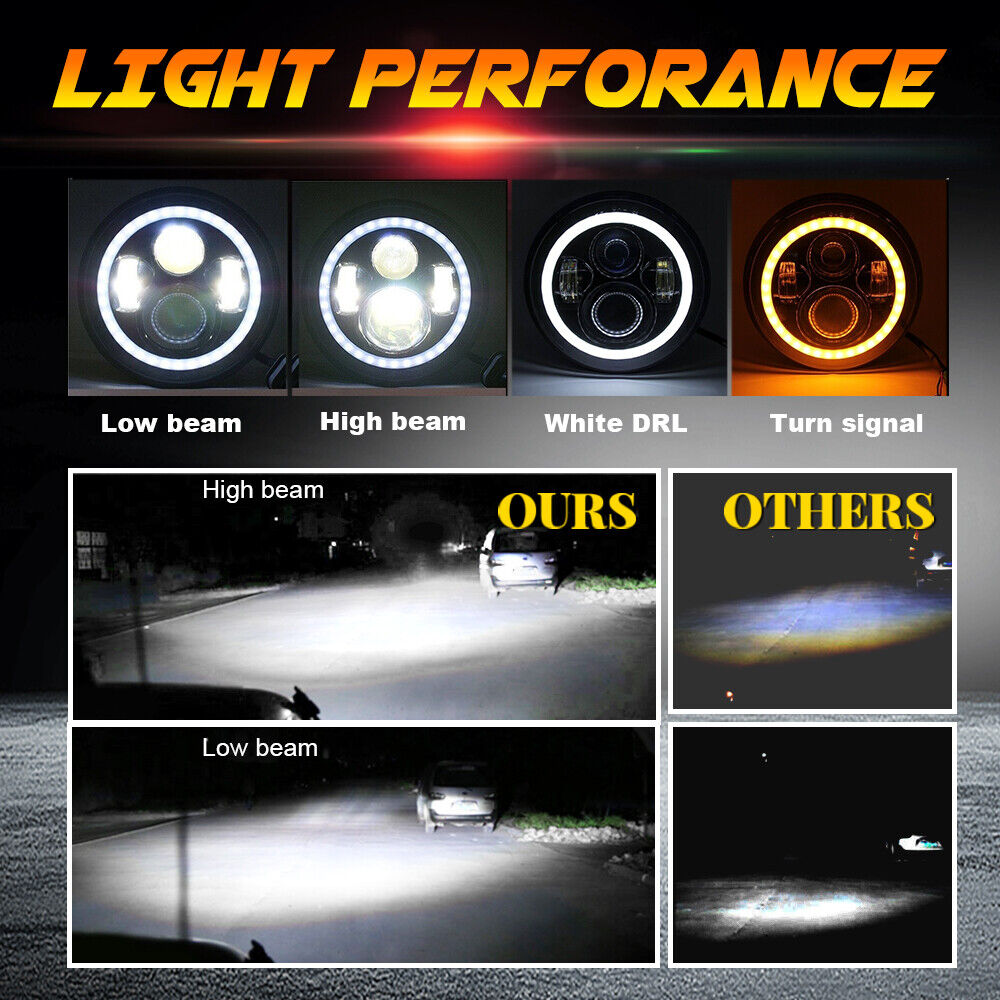 NINTE 7" Round LED Headlights Halo Angle Eyes Pair Universal Fit