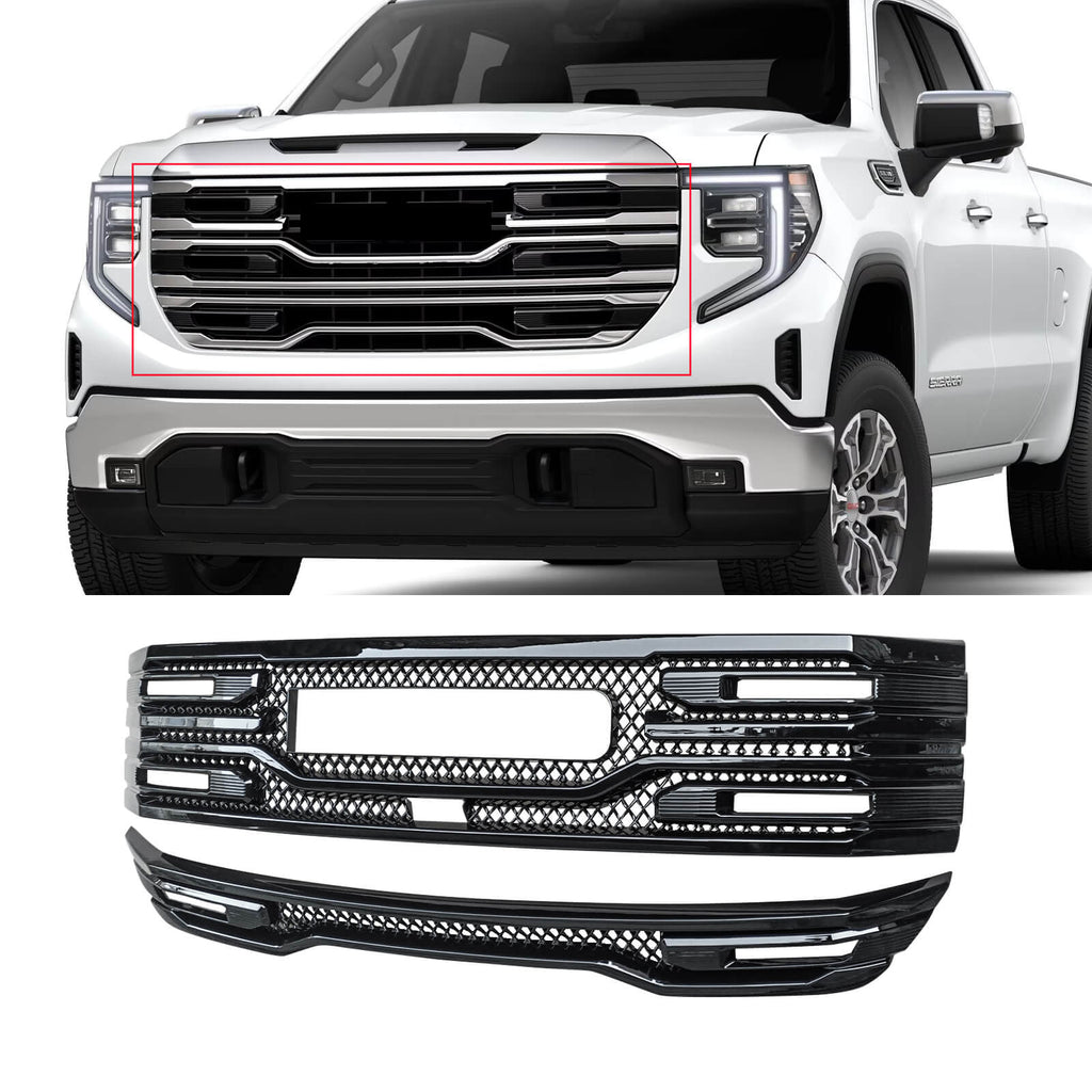 NINTE For 2022-2024 GMC Sierra 1500 SLT AT4 Grille Cover ABS Mesh Style Gloss Black