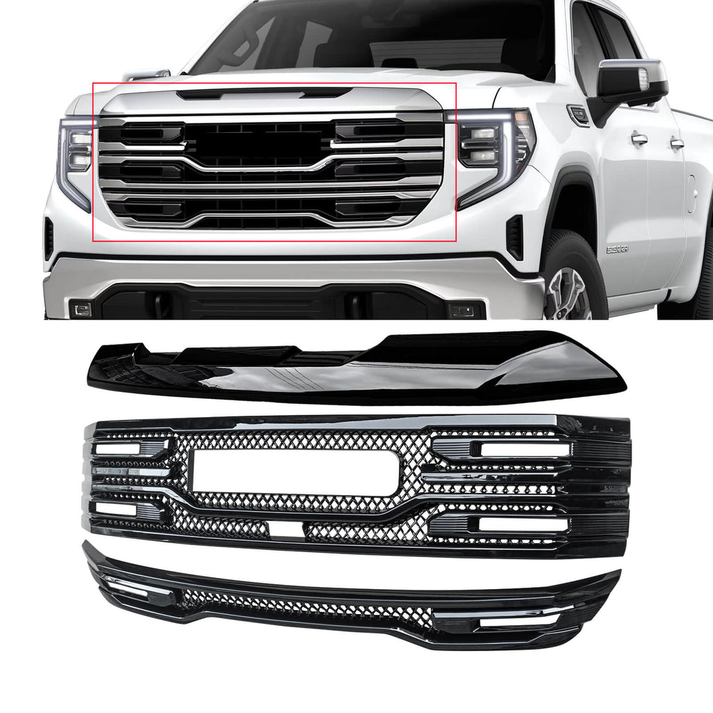 NINTE For 2022-2024 GMC Sierra 1500 SLT AT4 Grille Cover ABS Mesh Style Gloss Black With Hood Bulge Cover Full Set