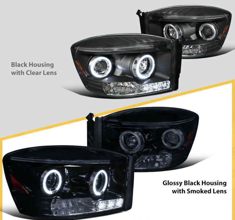 Glossy Black For Dodge 06-09 Ram 1500 2500 3500 Tinted Halo Projector Headlights - NINTE