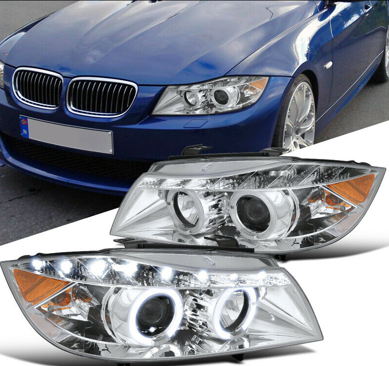 For 06-08 BMW E90 3-Series 325i 330i 4Dr Black LED Halo Projector Headlight Pair - NINTE