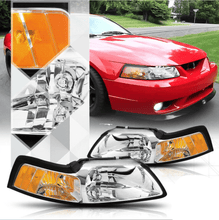 Cargar imagen en el visor de la galería, Ninte Headlight For 1999-2004 Ford Mustang Black / Chrome Housing Headlights Amber