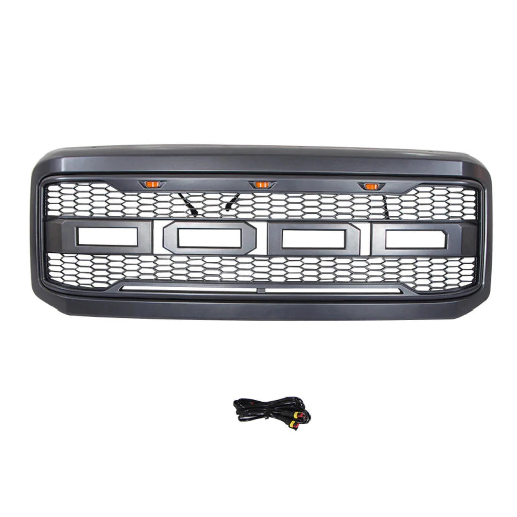 NINTE For 2005-2007 Ford F250 F350 Front Grille Super Duty Raptor Black Grill W/Lights