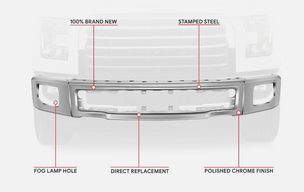 NINTE For 2015 2016 2017 Ford F150 Chrome Stamped Steel Front Bumper Face Bar w/ Fog Light Hole One-Piece Stronger and More Reliable