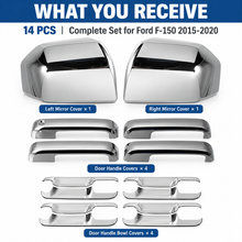 NINTE Left and Right Mirror Cover and Door Handle Bowl Cover Kit Fit for Ford F-150 2015-2020 Chrome Smooth ABS Tape on Overlay Trim