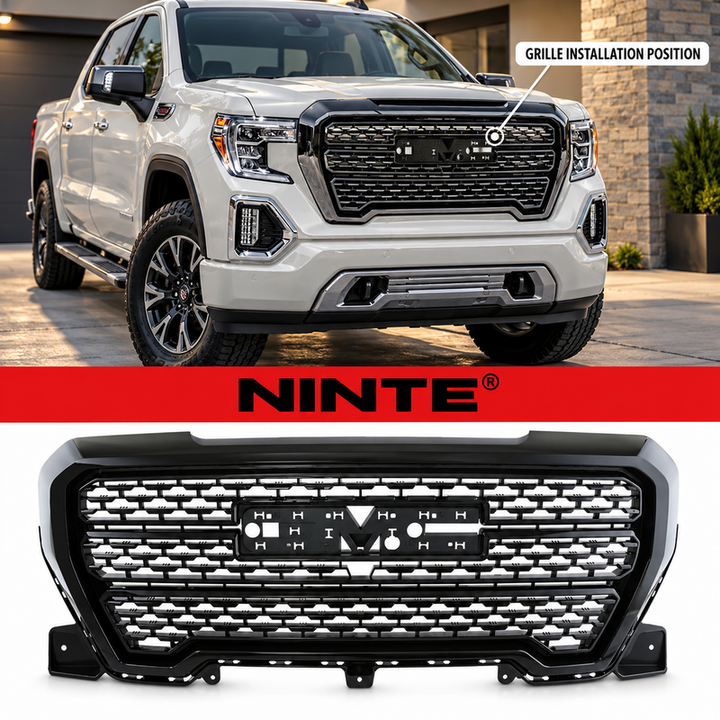 NINTE Front Bumper Upper Grille Replacement Fit for GMC Sierra 1500 2019-2021 ABS Gloss Black Assembly