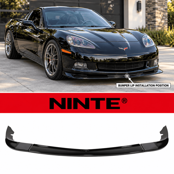 NINTE Front Bumper Lip Splitter Kit Fit for Corvette C6 Base Model 2005-2013 Painted Gloss Black ABS Plastic 3-Piece ZR1 Style - NINTE