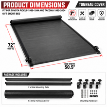 NINTE Rear Soft Roll-Up Tonneau Cover Fit for Toyota Pickup 1989-1994 and Tacoma 1995-2004 6 ft Short Bed Black Vinyl Clamp-on No-Drill