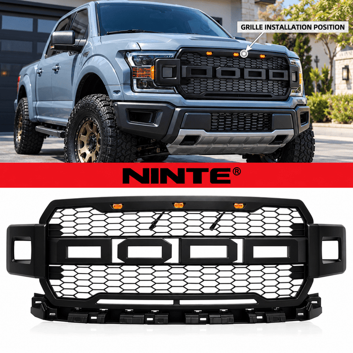 NINTE Front Mesh Bumper Grille Fit for Ford F-150 2018-2020 Matte Black ABS with 2 Side Lights and 3 Amber LED Accent Lights by NINTE - NINTE