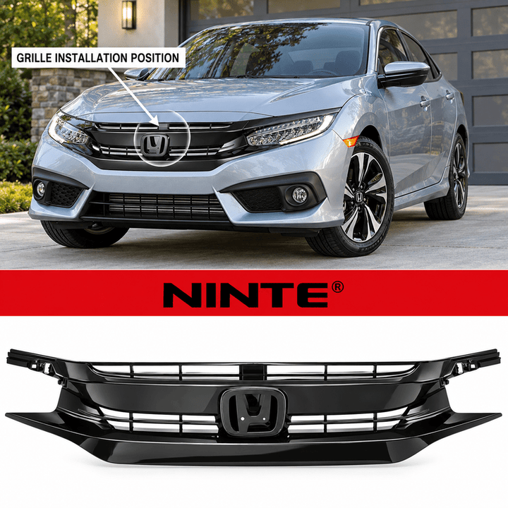 NINTE Front Grille Fit for Honda Civic 2016-2021 Select Models Gloss Black ABS Plastic OE Style Direct Replacement