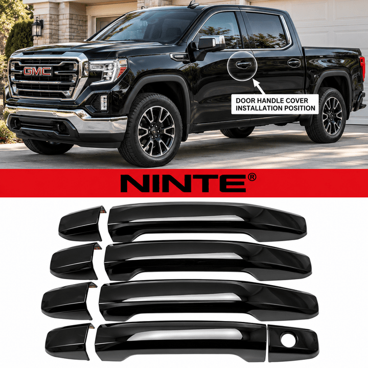 NINTE Exterior Door Handle Covers Fit for GMC Sierra 2014-2024 Painted Gloss Black ABS Tape on Trim - NINTE