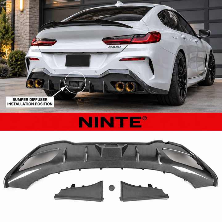 NINTE Rear Bumper Diffuser Spoiler Fit for BMW 8 Series G16 Grand Coupe 840i M850i 2020-2026 Painted Carbon Fiber Look Sport AC Style Without Logo - NINTE