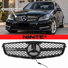 NINTE Front Diamond Mesh Grille Fit for Mercedes-Benz W204 C-Class 2008-2014 C180 C200 C230 C250 C280 C300 C350 Painted Gloss Black ABS with LED Emblem Not for C63 - NINTE