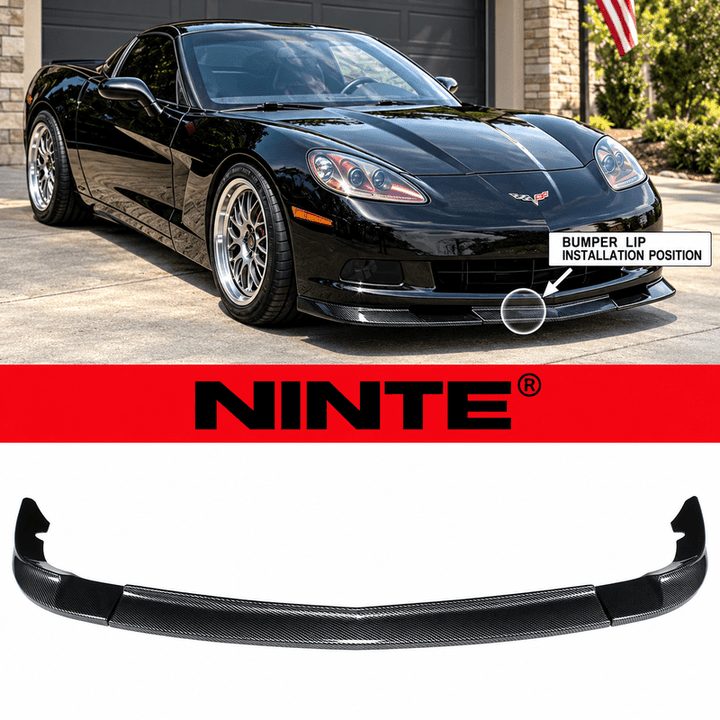 NINTE Front Bumper Lip Splitter Kit Fit for Chevrolet Corvette C6 Base 2005-2013 Painted Carbon Fiber Look 3-Piece ABS Plastic ZR1 Style - NINTE