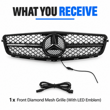 NINTE Front Diamond Mesh Grille Fit for Mercedes-Benz W204 C-Class 2008-2014 C180 C200 C230 C250 C280 C300 C350 Painted Gloss Black ABS with LED Emblem Not for C63