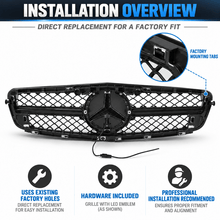 NINTE Front Diamond Mesh Grille Fit for Mercedes-Benz W204 C-Class 2008-2014 C180 C200 C230 C250 C280 C300 C350 Painted Gloss Black ABS with LED Emblem Not for C63