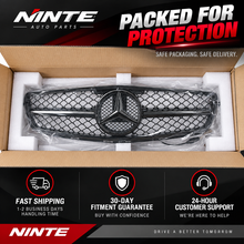 NINTE Front Diamond Mesh Grille Fit for Mercedes-Benz W204 C-Class 2008-2014 C180 C200 C230 C250 C280 C300 C350 Painted Gloss Black ABS with LED Emblem Not for C63
