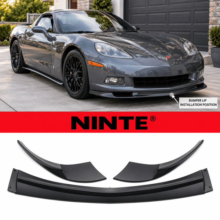 NINTE Front Bumper Lip Splitter Kit Fit for Chevrolet Corvette C6 Base 2006-2013 Matte Black Textured ABS 3-Piece ZR1 Style - NINTE