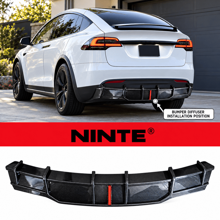 NINTE Rear Bumper Lip Splitter Diffuser with LED Brake Light Fit for Tesla Model X 2022-2025 Carbon Fiber Look One Piece Sport Style Without Logo - NINTE