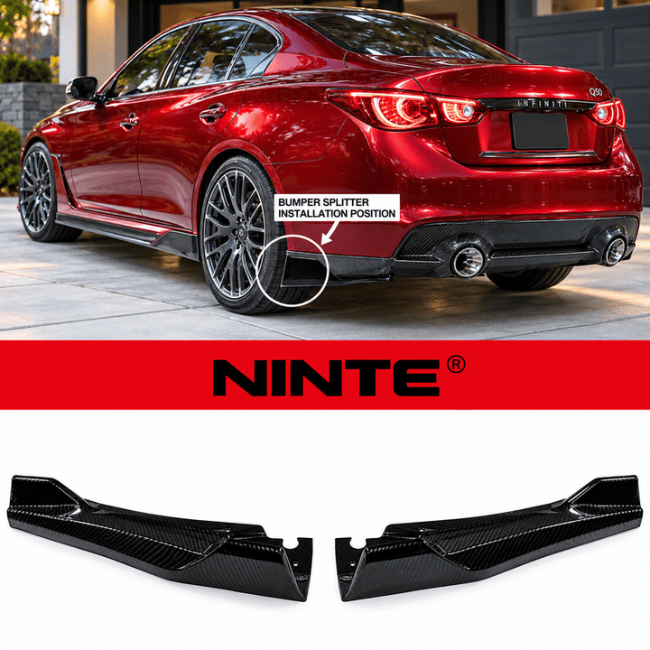 NINTE Rear Bumper Apron Splitter Kit Fit for Infiniti Q50 Sedan 2018-2024 Carbon Fiber Look Painted ABS 2-Piece - NINTE