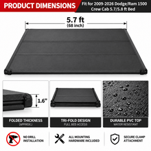 NINTE Tri-Fold Tonneau Cover Fit for 2009-2026 Dodge/Ram 1500 Crew Cab 5.7/5.8 ft Bed, Black Soft Truck Bed Cover with Clamps, No-Drill Installation - NINTE