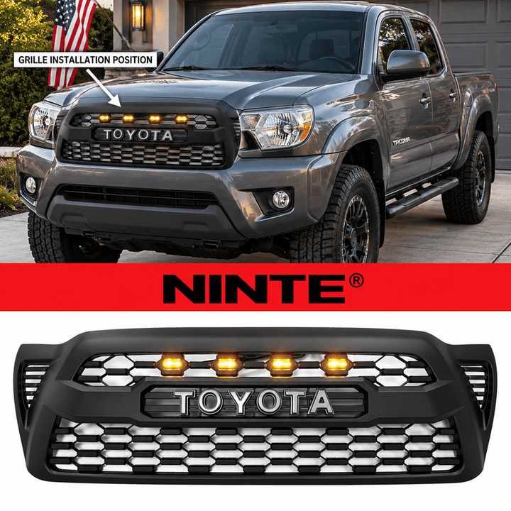 NINTE Front Bumper Upper Mesh Grille Fit for 2005-2011 Toyota Tacoma Painted Matte Black ABS with 4 Amber LED Lights
