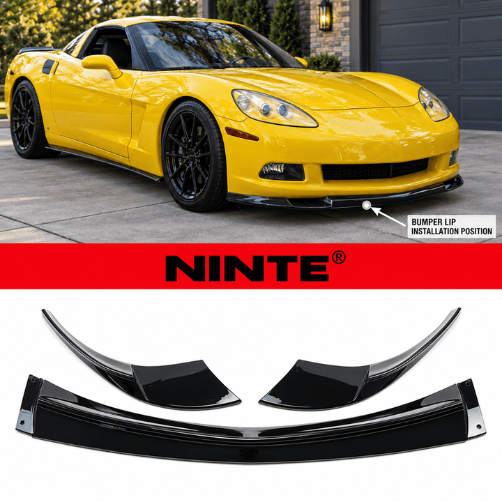 NINTE Front Bumper Lip Splitter Kit Fit for Chevrolet Corvette C6 Base 2005-2013 Painted Gloss Black ABS 3-Piece Sport Style Without Logo - NINTE